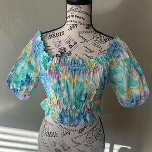 Zara Cropped Watercolors Floral Print Off The Shoulder Blouse Size Small